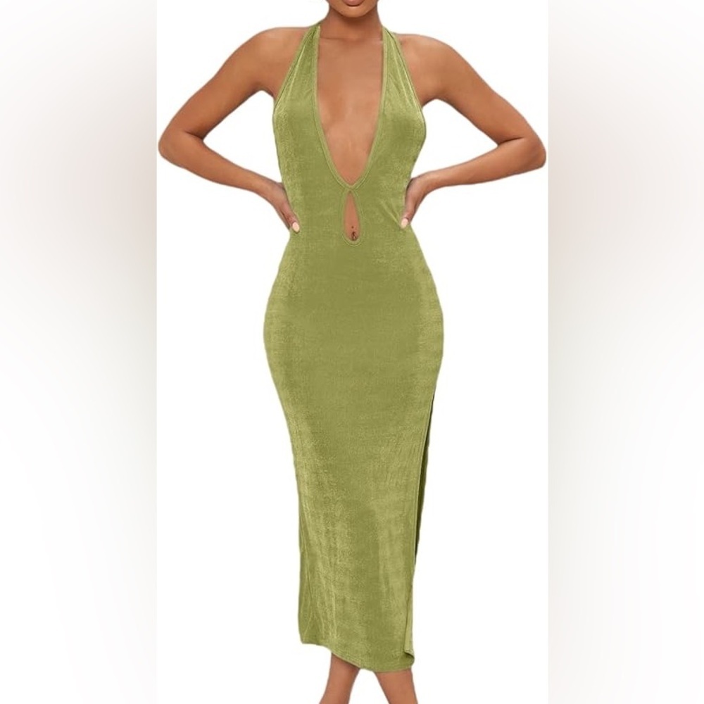 Backless Green Halter Dress